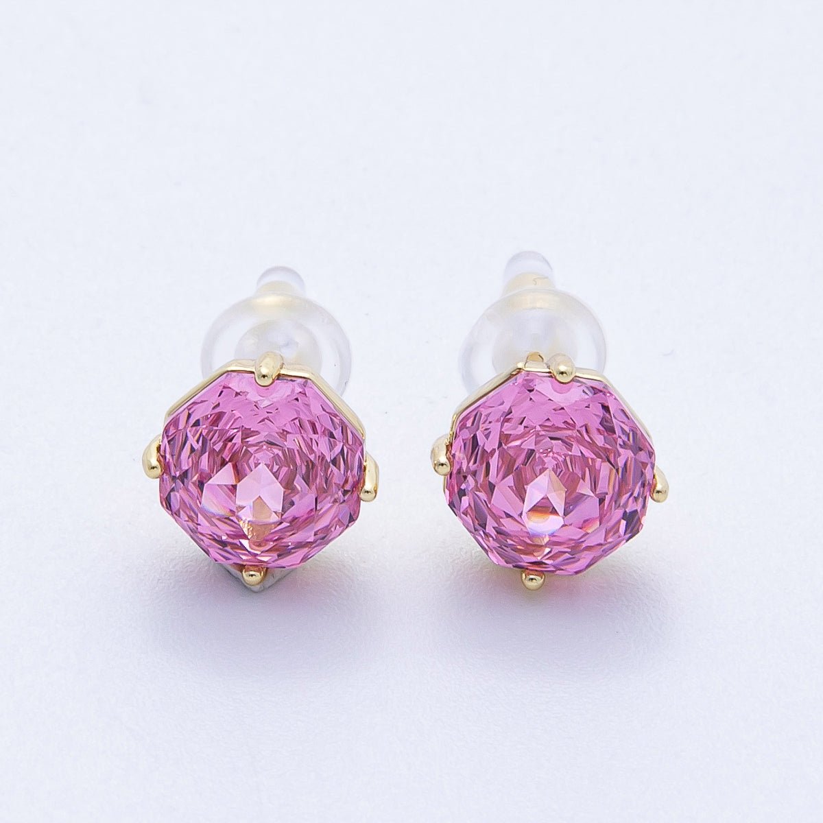 16K Gold Filled 8mm Pink, Blue Solitaire CZ Round Stud | Earrings - 00239 Earrings - 00240 - DLUXCA