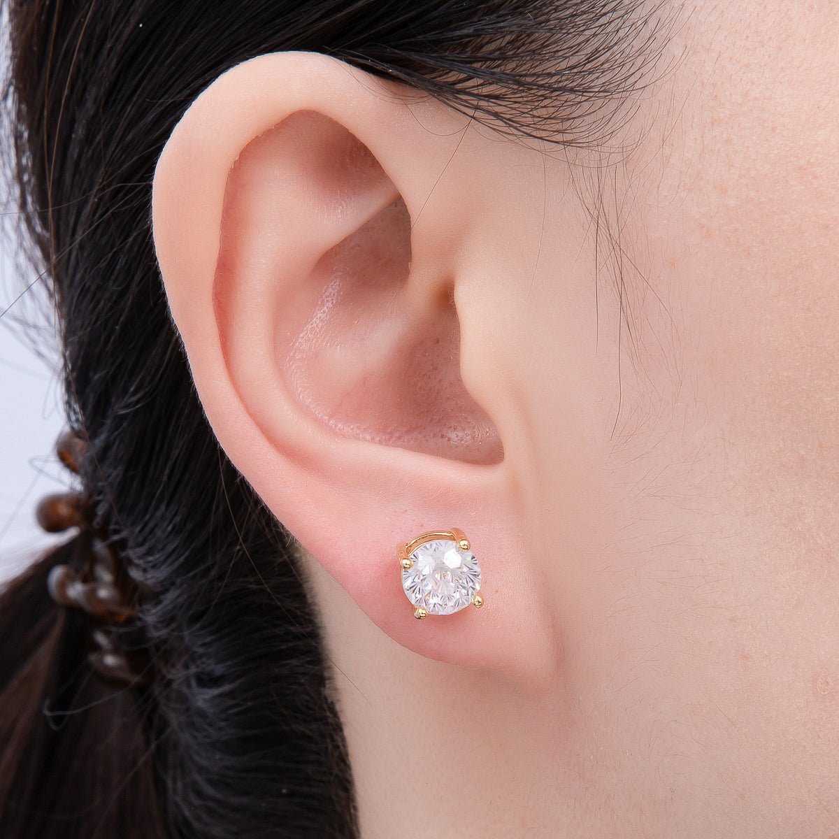 16K Gold Filled 8mm Round CZ Solitaire Bezel Stud Earrings | Earrings - 00329 - DLUXCA
