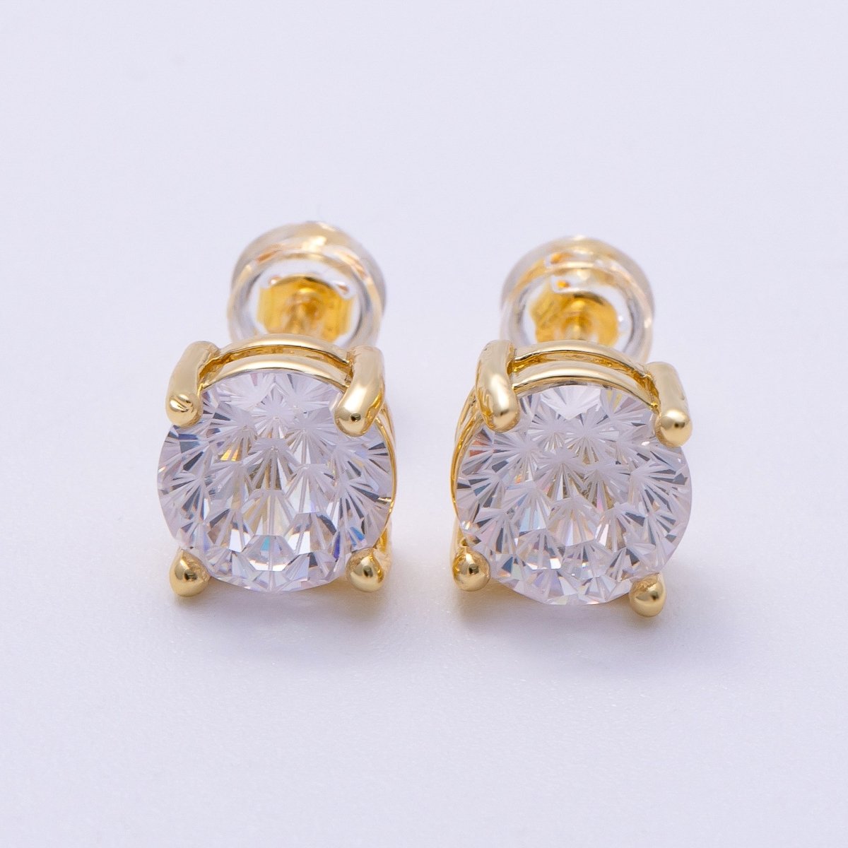 16K Gold Filled 8mm Round CZ Solitaire Bezel Stud Earrings | Earrings - 00329 - DLUXCA