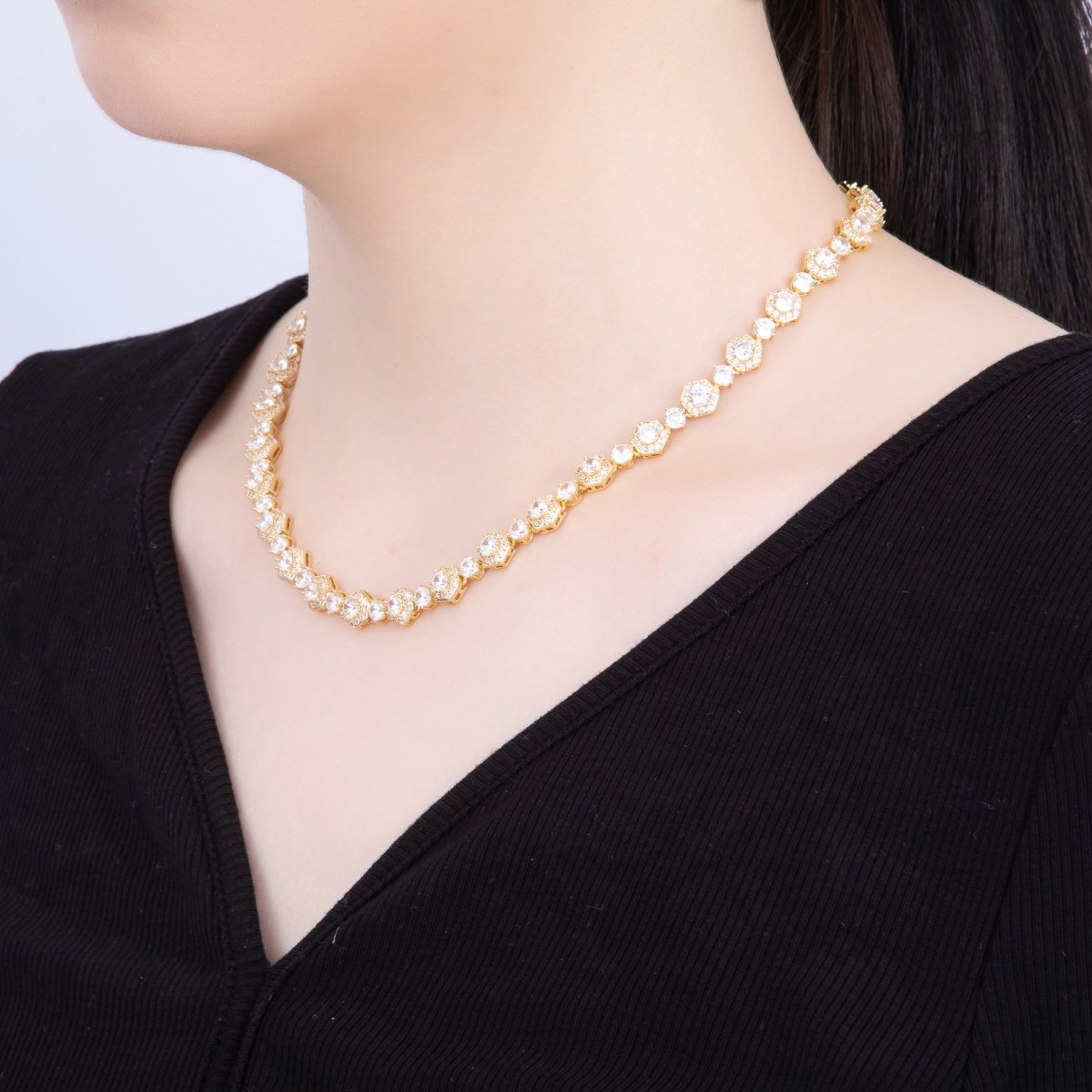 16K Gold Filled 8mm Round Hexagon Micro Paved CZ Tennis Chain 16.5 Inch Necklace | WA - 04241 - DLUXCA