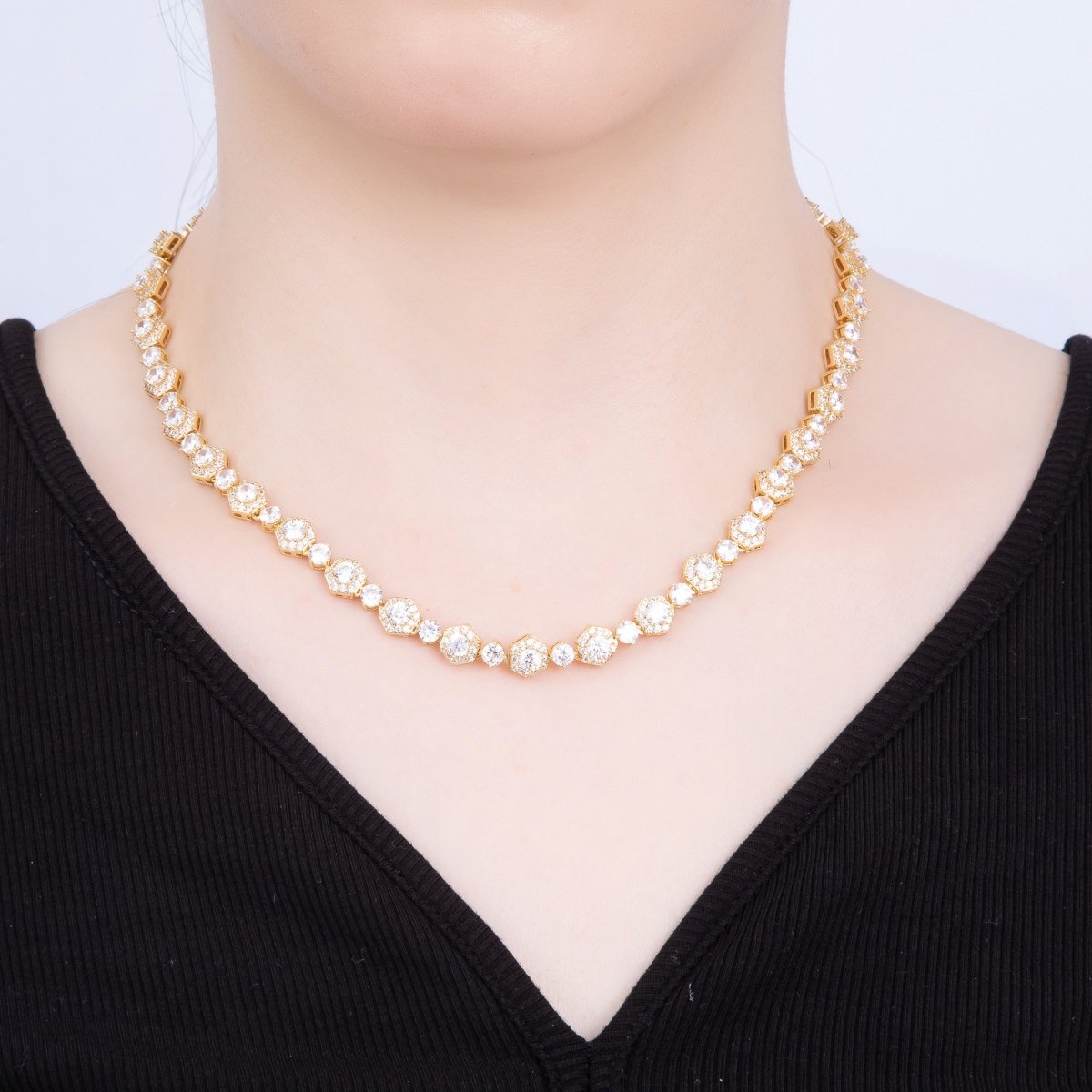 16K Gold Filled 8mm Round Hexagon Micro Paved CZ Tennis Chain 16.5 Inch Necklace | WA - 04241 - DLUXCA