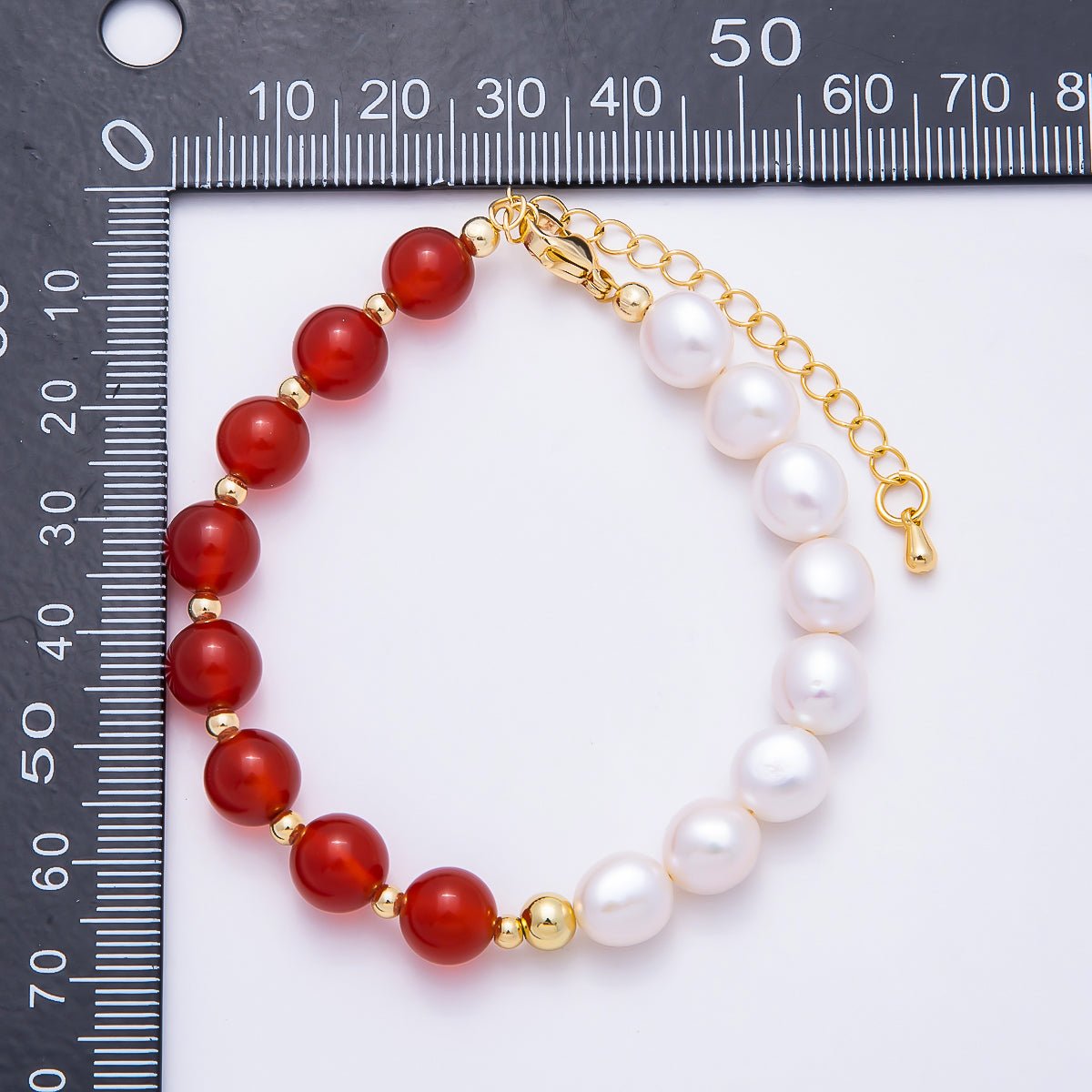 16K Gold Filled 8mm White Freshwater Pearl Carnelian Round Gemstone Chain 7 Inch Bracelet w. Extender | WA-00273 - DLUXCA