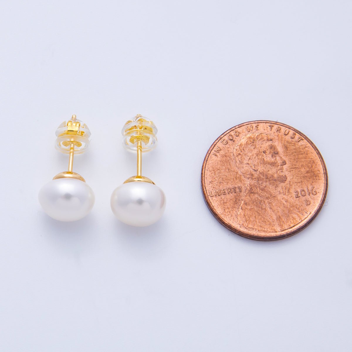 16K Gold Filled 8mm White Shell Pearl Button Minimalist Stud | Earrings - 00218 - DLUXCA