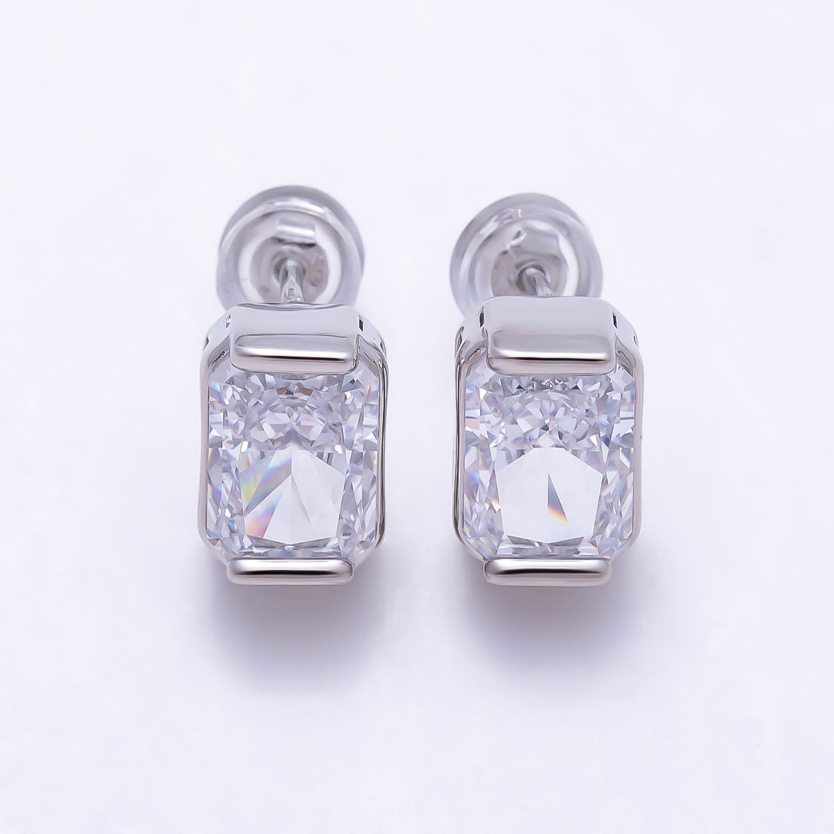 16K Gold Filled 9.5mm Clear CZ Baguette Lined Stud Earrings in Gold & Silver | Earrings-00757 Earrings-00758 - DLUXCA