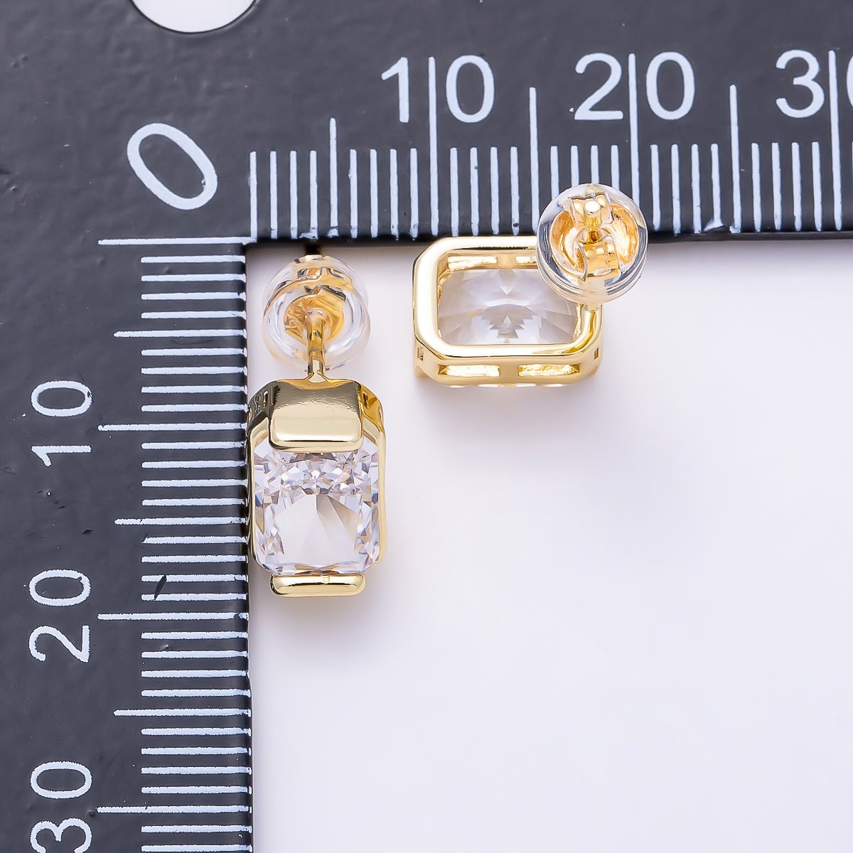 16K Gold Filled 9.5mm Clear CZ Baguette Lined Stud Earrings in Gold & Silver | Earrings-00757 Earrings-00758 - DLUXCA