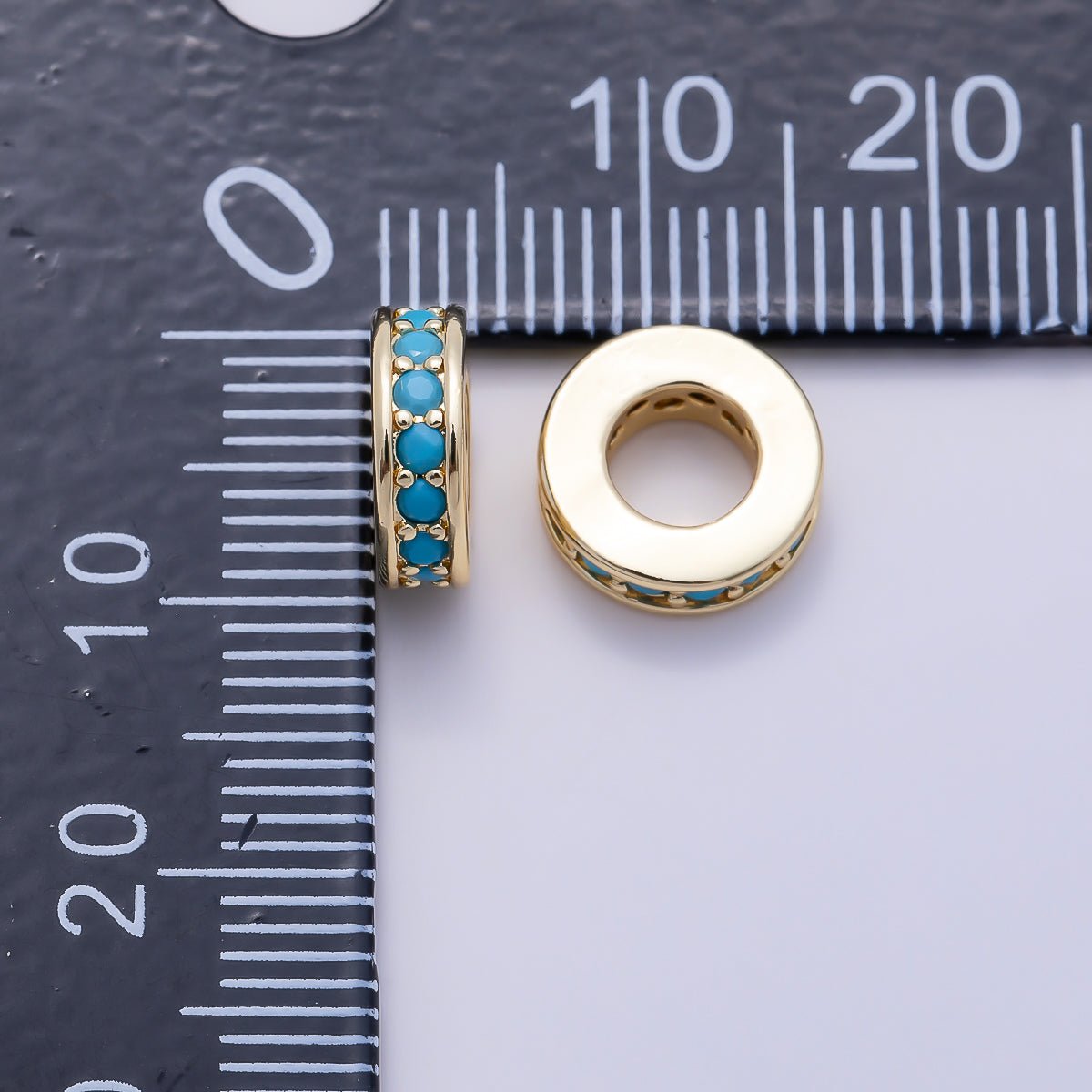 16K Gold Filled 9.5mm Turquoise Micro Paved Rondelle Bead in Gold & Silver | Beads-00542 Beads-00543 - DLUXCA