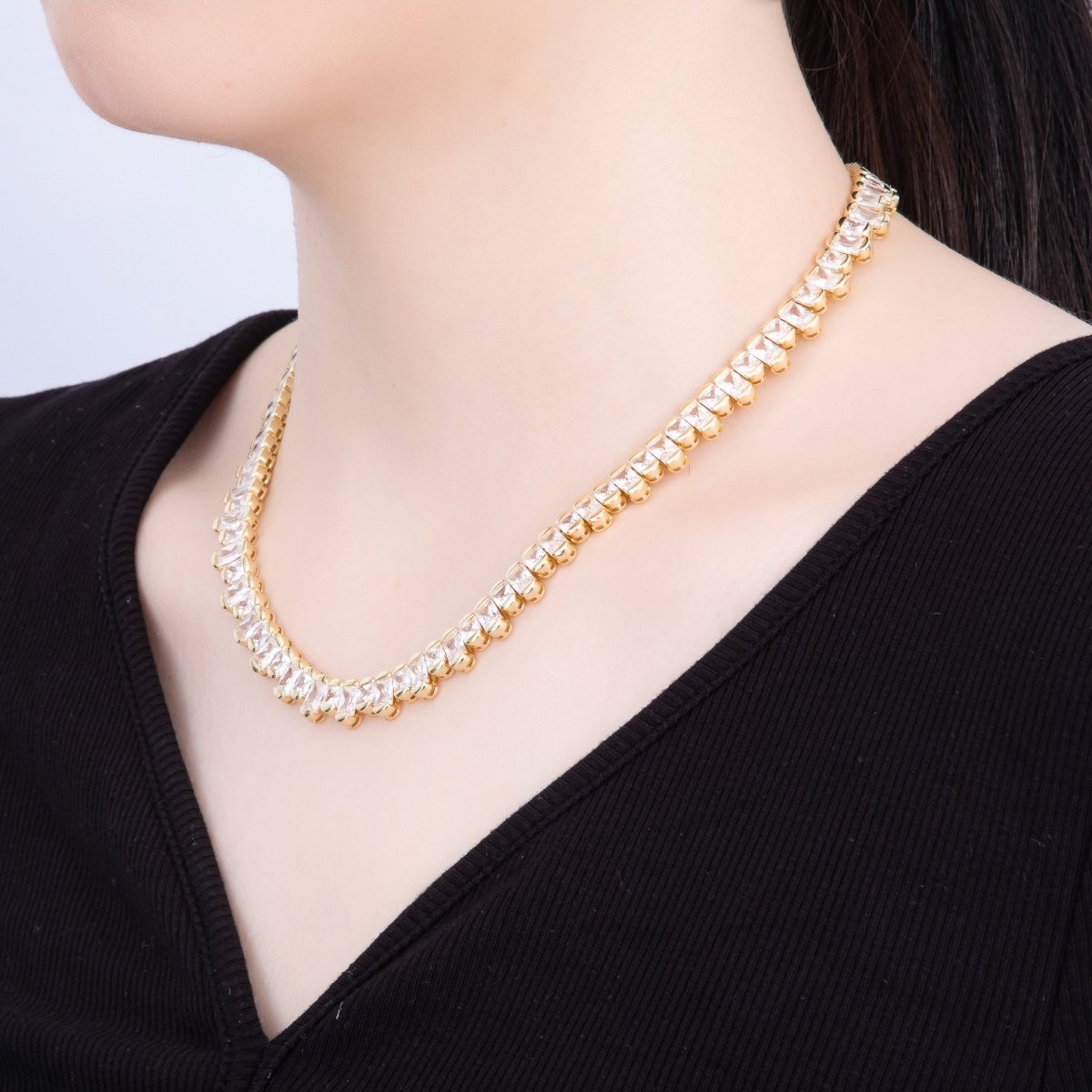 16K Gold Filled 9mm Clear CZ Gradient Baguette Tennis Chain 16 Inch Adjustable Necklace | WA - 04238 - DLUXCA