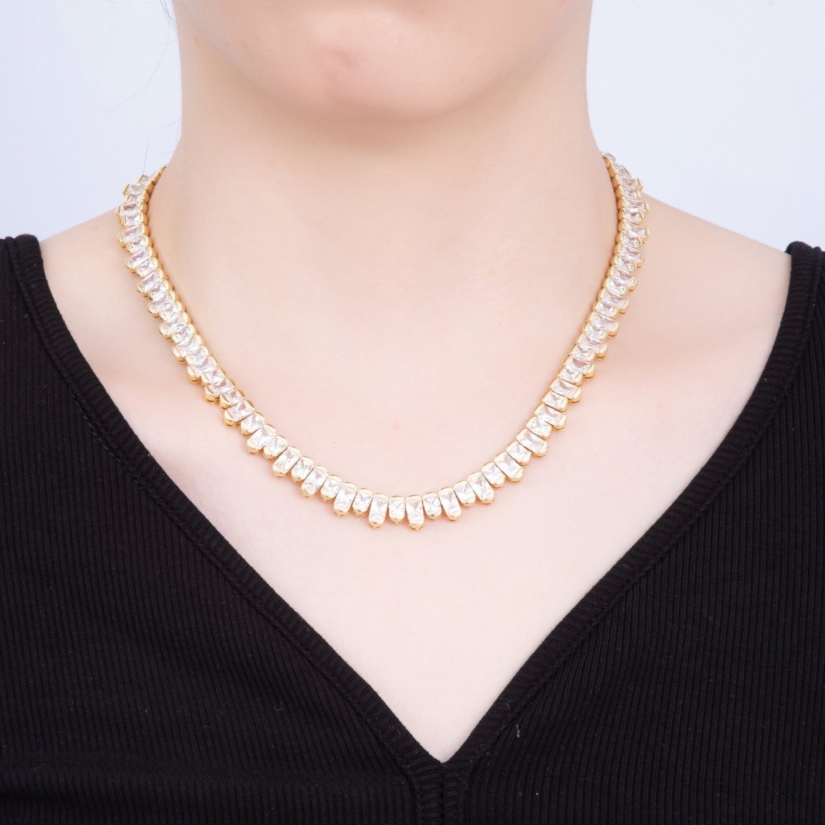 16K Gold Filled 9mm Clear CZ Gradient Baguette Tennis Chain 16 Inch Adjustable Necklace | WA - 04238 - DLUXCA