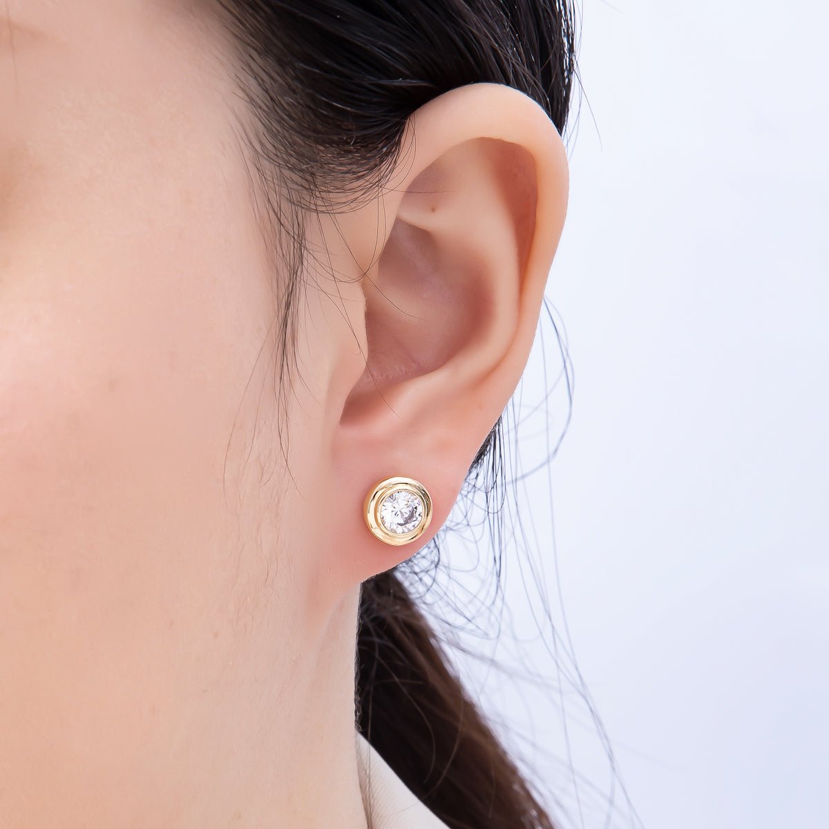 16K Gold Filled 9mm Clear CZ Round Bezel Stud Earrings in Gold & Silver | Earrings-00425 Earrings-00426 - DLUXCA