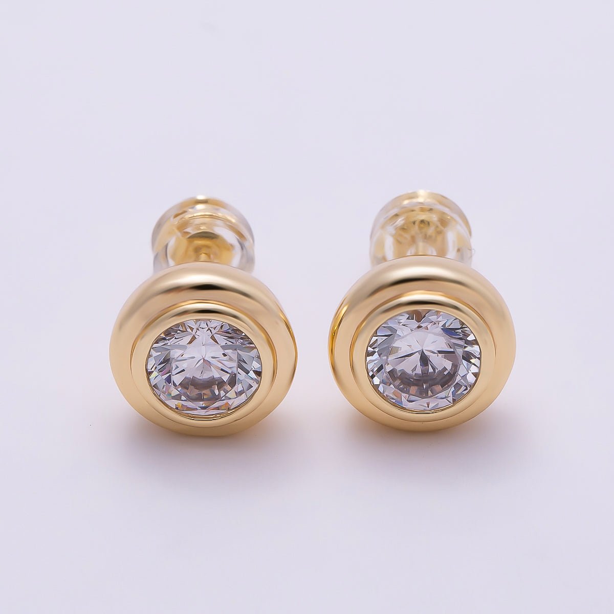 16K Gold Filled 9mm Clear CZ Round Bezel Stud Earrings in Gold & Silver | Earrings-00425 Earrings-00426 - DLUXCA