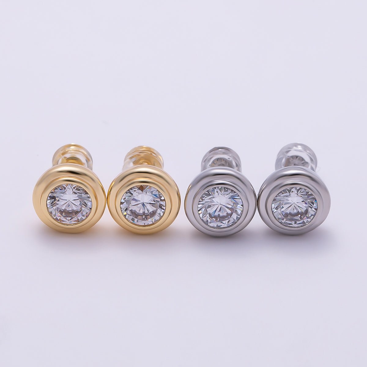16K Gold Filled 9mm Clear CZ Round Bezel Stud Earrings in Gold & Silver | Earrings-00425 Earrings-00426 - DLUXCA