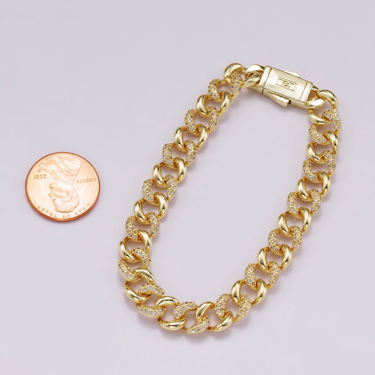 16K Gold Filled 9mm Micro Paved CZ Curb Chain 7 Inch Bracelet | WA - 04331 - DLUXCA