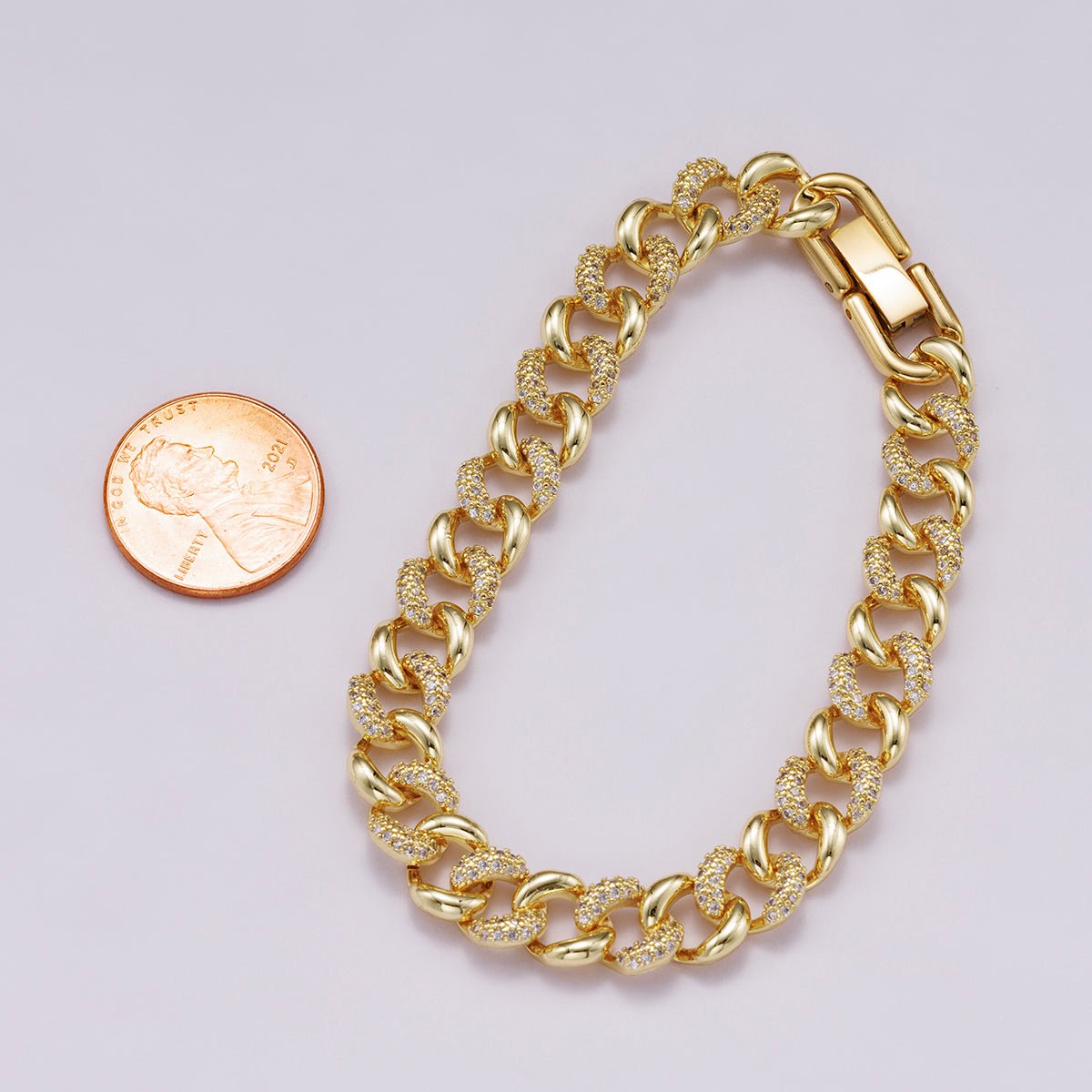 16K Gold Filled 9mm Micro Paved CZ Curb Chain 7 Inch Bracelet | WA - 04332 - DLUXCA