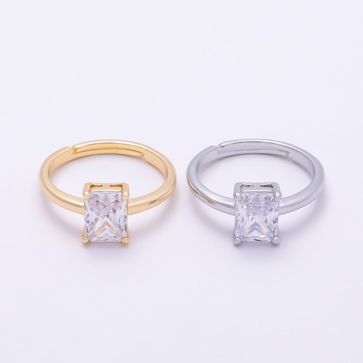 16K Gold Filled Baguette CZ Solitaire Adjustable Ring in Gold & Silver | Rings-00118 Rings-00119 - DLUXCA