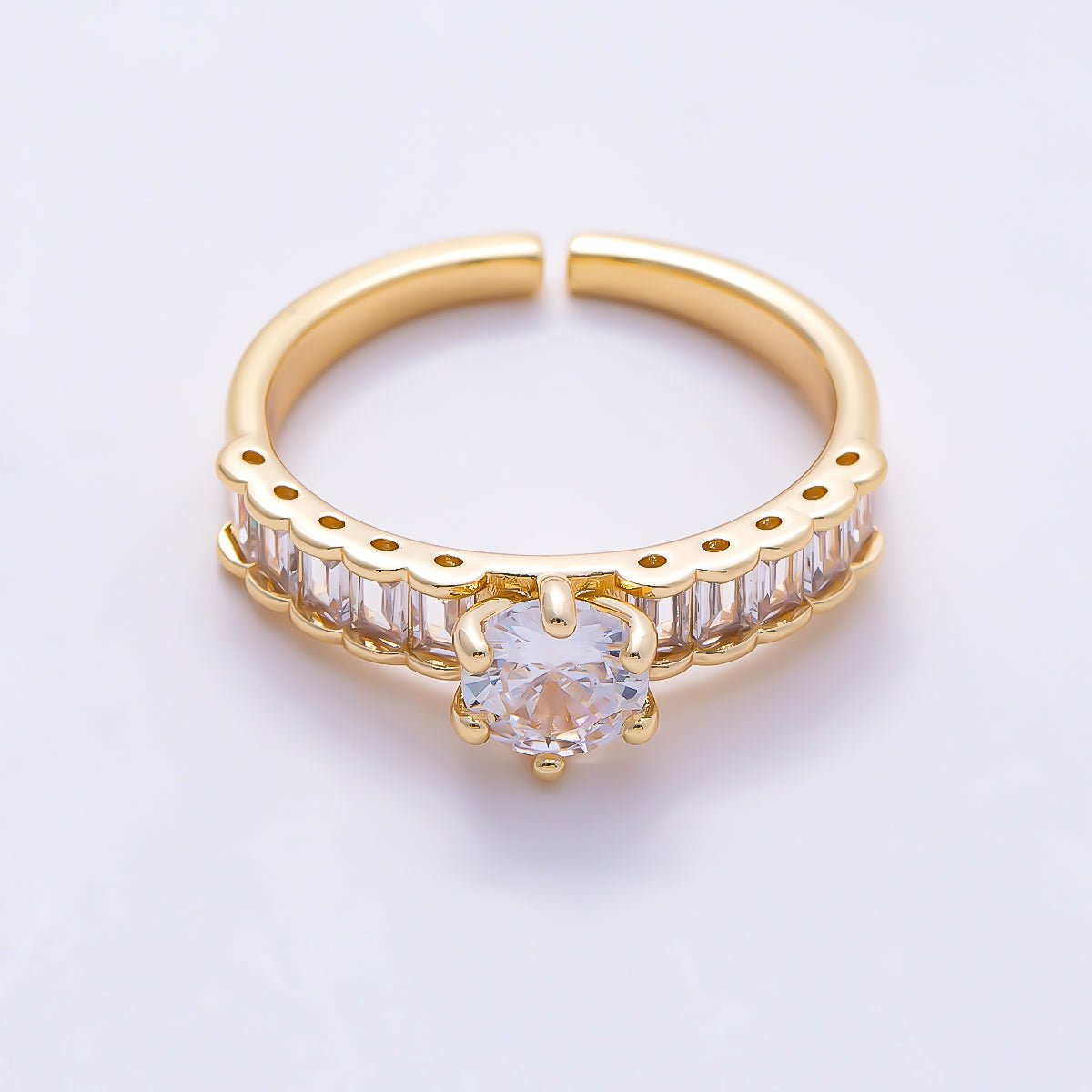 16K Gold Filled Baguette CZ Solitaire Round Stone Adjustable Ring | Rings-00376 - DLUXCA