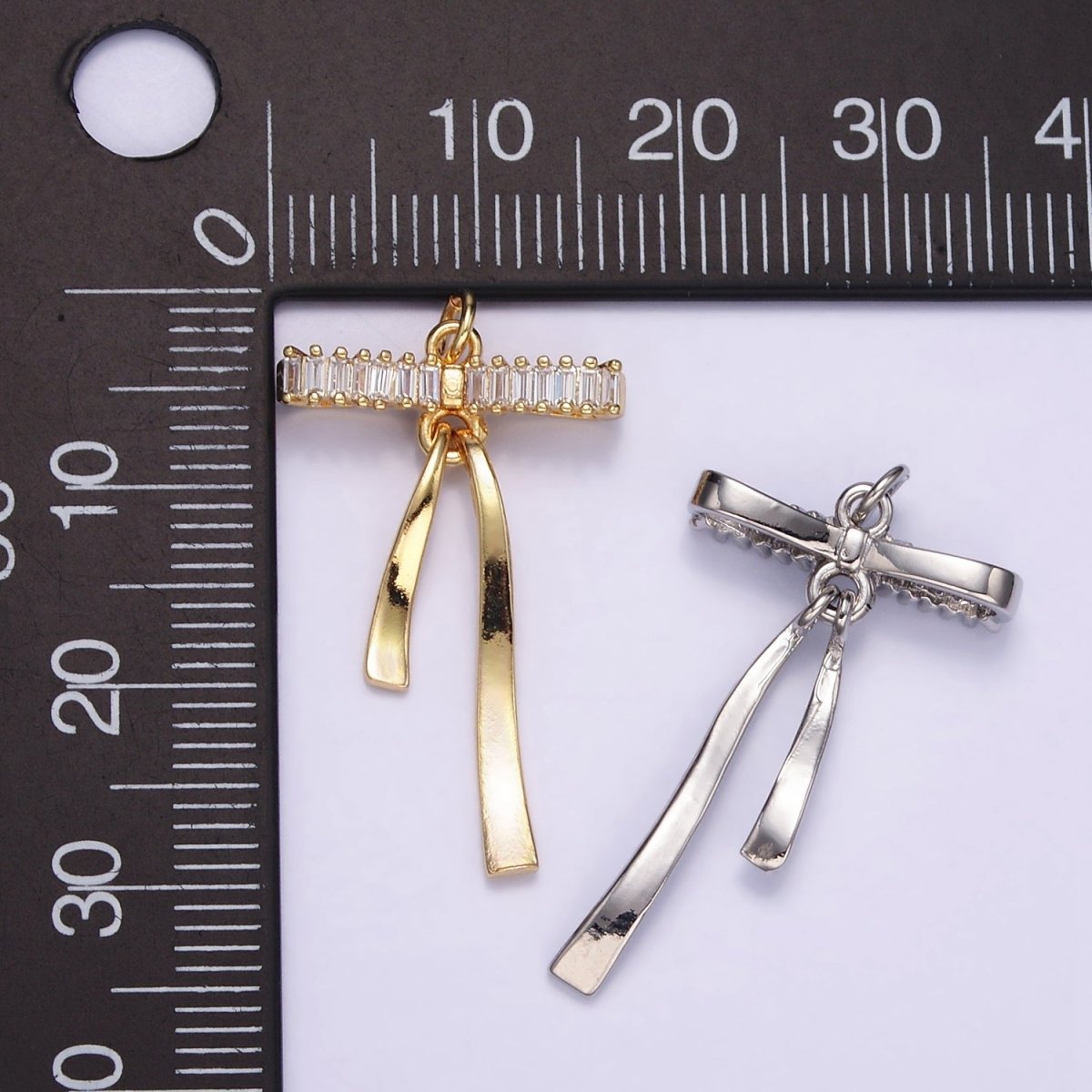 16K Gold Filled Baguette Lined Ribbon Bow Charm in Gold & Silver | M113 - DLUXCA