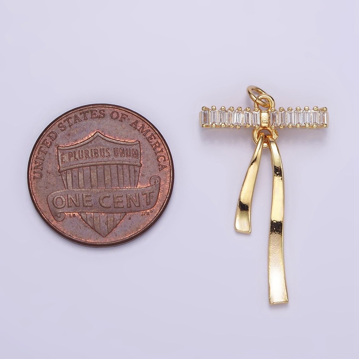 16K Gold Filled Baguette Lined Ribbon Bow Charm in Gold & Silver | M113 - DLUXCA