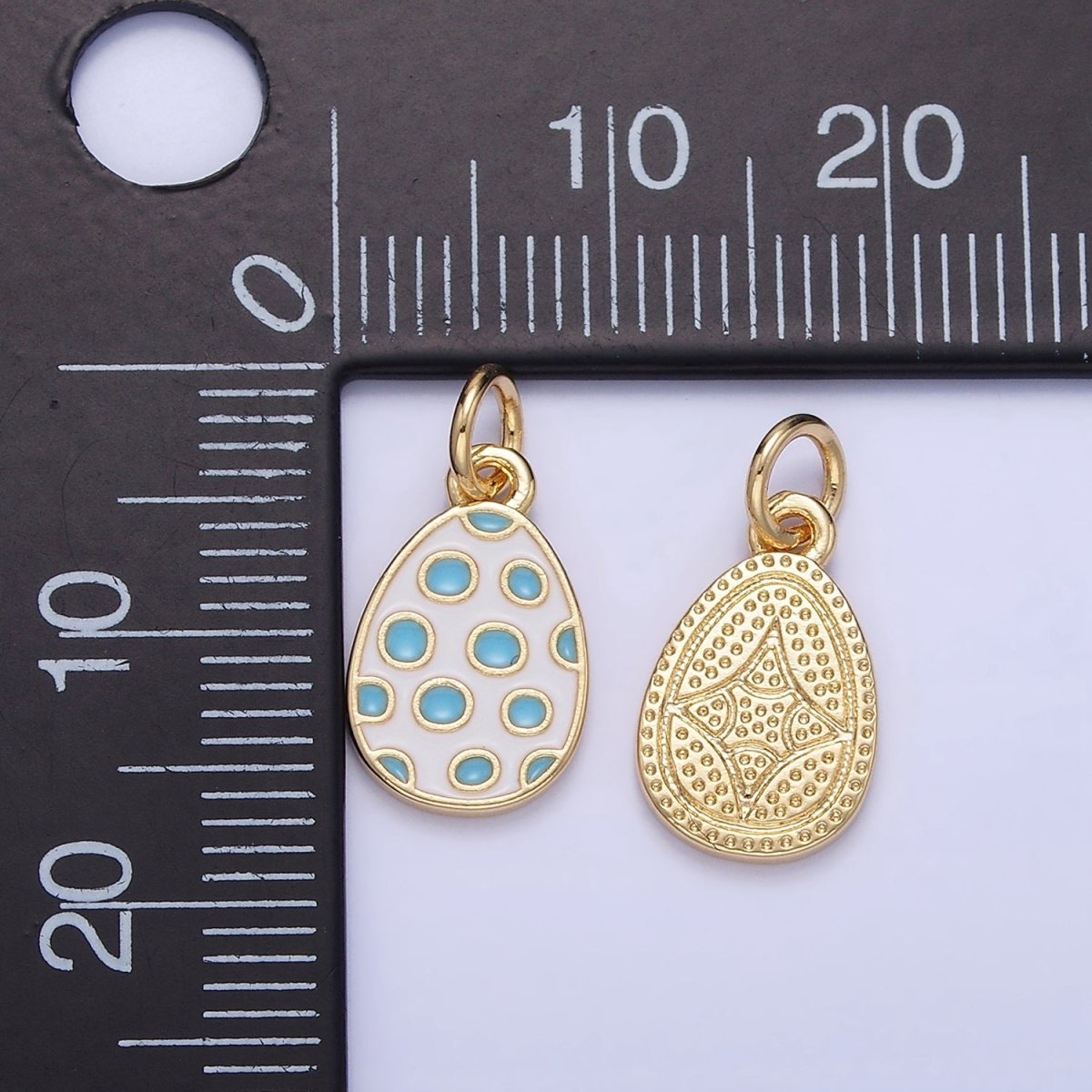16K Gold Filled Blue Polka Dot White Enamel Easter Egg Charm | C032 - DLUXCA