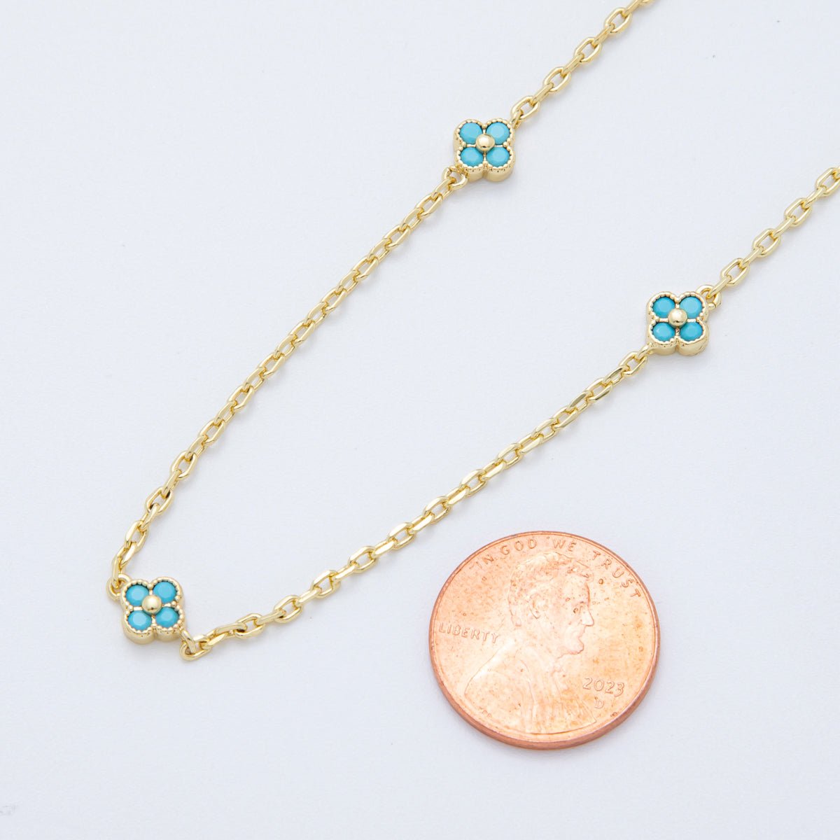16K Gold Filled Blue Turquoise Flower Cable Unfinished Chain by Yard | Roll - 1618 - DLUXCA