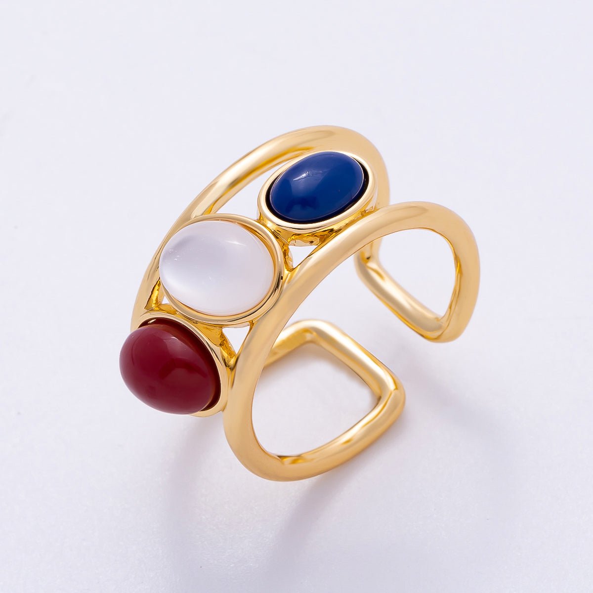 16K Gold Filled Cabochon Natural Gemstone Double Band Ring | RINGS - 00062 - DLUXCA