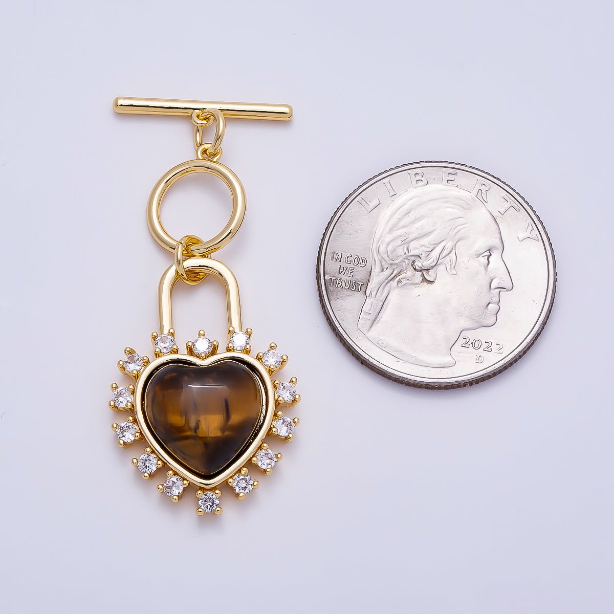 16K Gold Filled Cats Eye, Tiger Eye CZ Heart Padlock Toggle Clasps Closure | Findings-00415 Findings-00416 - DLUXCA