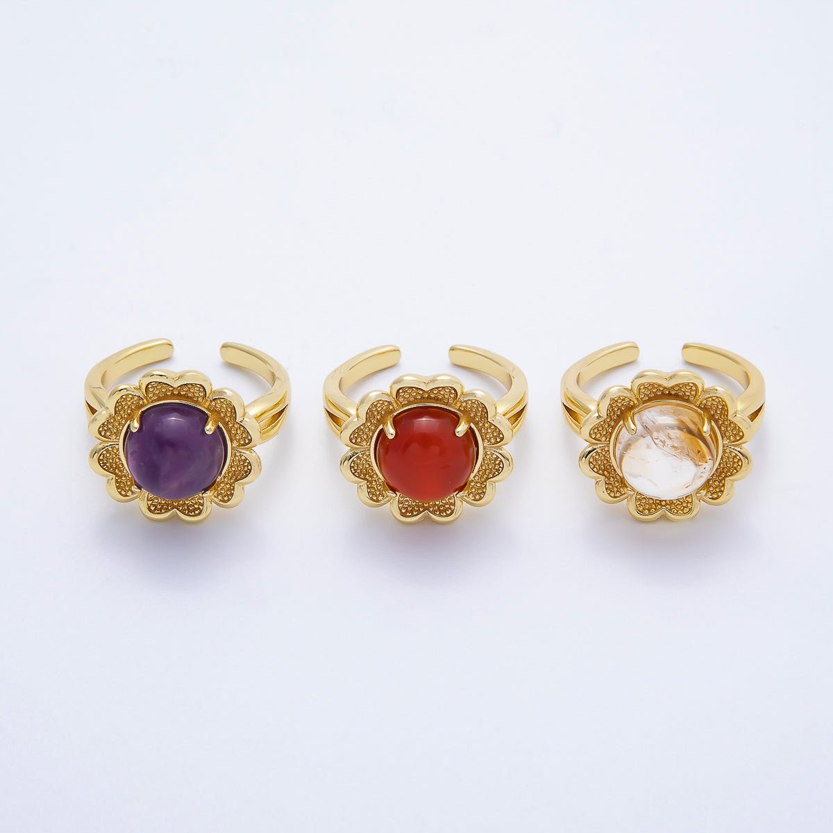 16K Gold Filled Citrine, Carnelian, Amethyst Cabochon Gemstone Flower Ring | RINGS - 00088 ~ RINGS - 00090 - DLUXCA