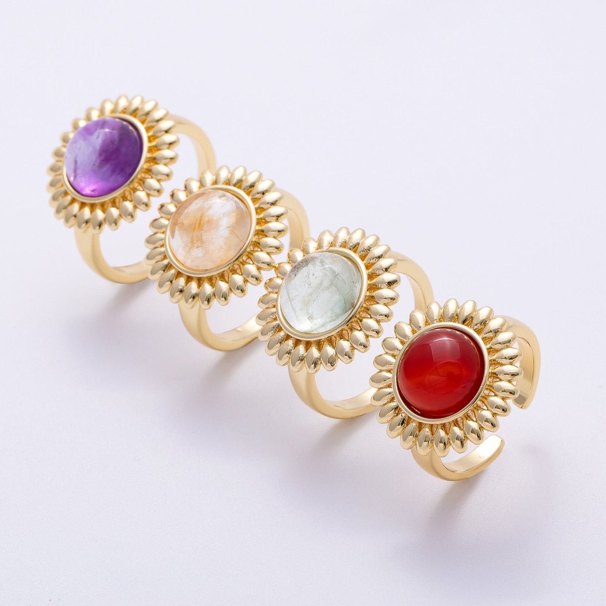 16K Gold Filled Citrine, Carnelian, Aquamarine, Amethyst Round Cabochon Gemstone Flower Ring | RINGS - 00083 ~ RINGS - 00086 - DLUXCA