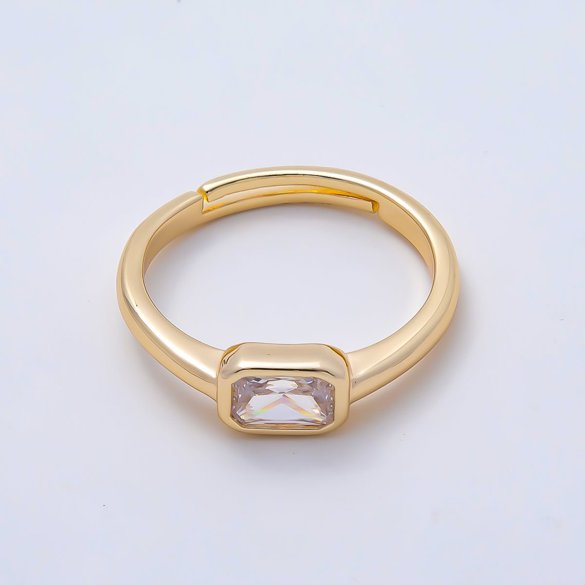 16K Gold Filled Clear Baguette CZ Bezel Solitaire Adjustable Ring in Gold & Silver | Rings-00145 Rings-00146 - DLUXCA
