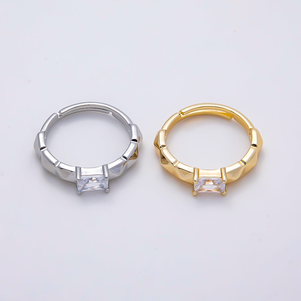 16K Gold Filled Clear Baguette CZ Edge Multifaceted Band Solitaire Ring in Gold & Silver | Rings-00149 Rings-00150 - DLUXCA