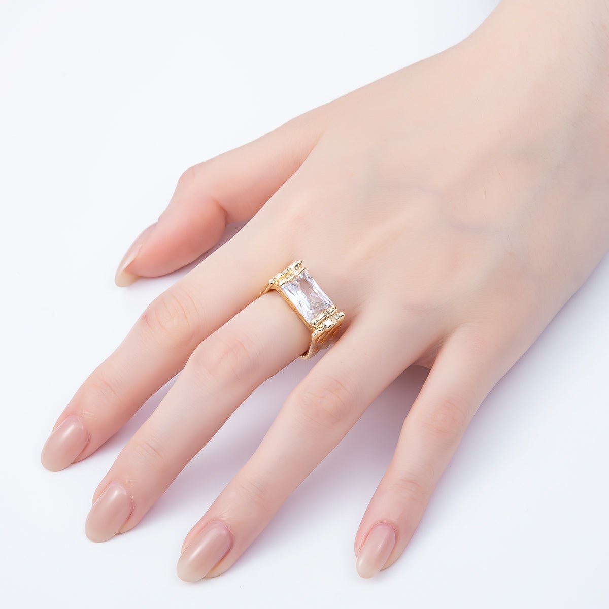 16K Gold Filled Clear Baguette CZ Molten Solitaire Adjustable Ring | Rings - 00087 - DLUXCA