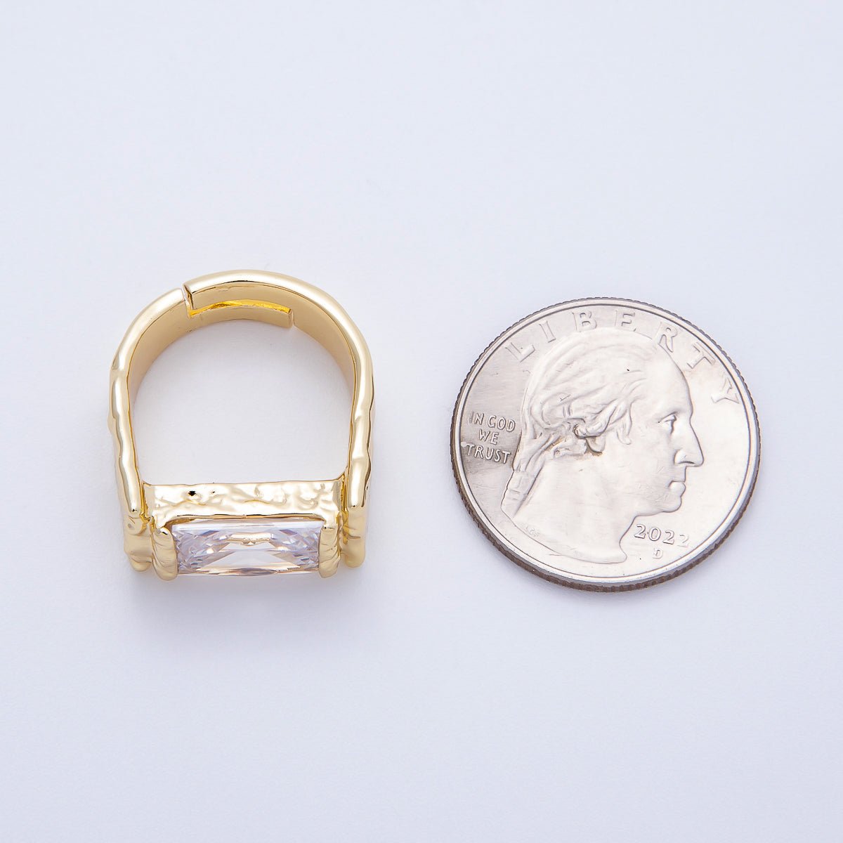 16K Gold Filled Clear Baguette CZ Molten Solitaire Adjustable Ring | Rings - 00087 - DLUXCA