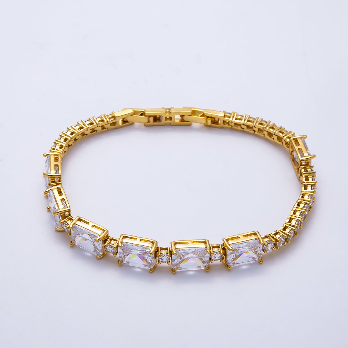 16K Gold Filled Clear Baguette Round CZ Tennis Chain 7 Inch Adjustable Bracelet | WA - 04335 - DLUXCA