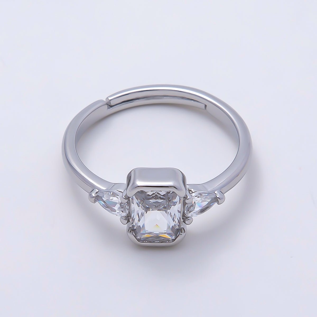 16K Gold Filled Clear Baguette Teardrop CZ Solitaire Adjustable Ring in Gold & Silver | Rings-00155 Rings-00156 - DLUXCA