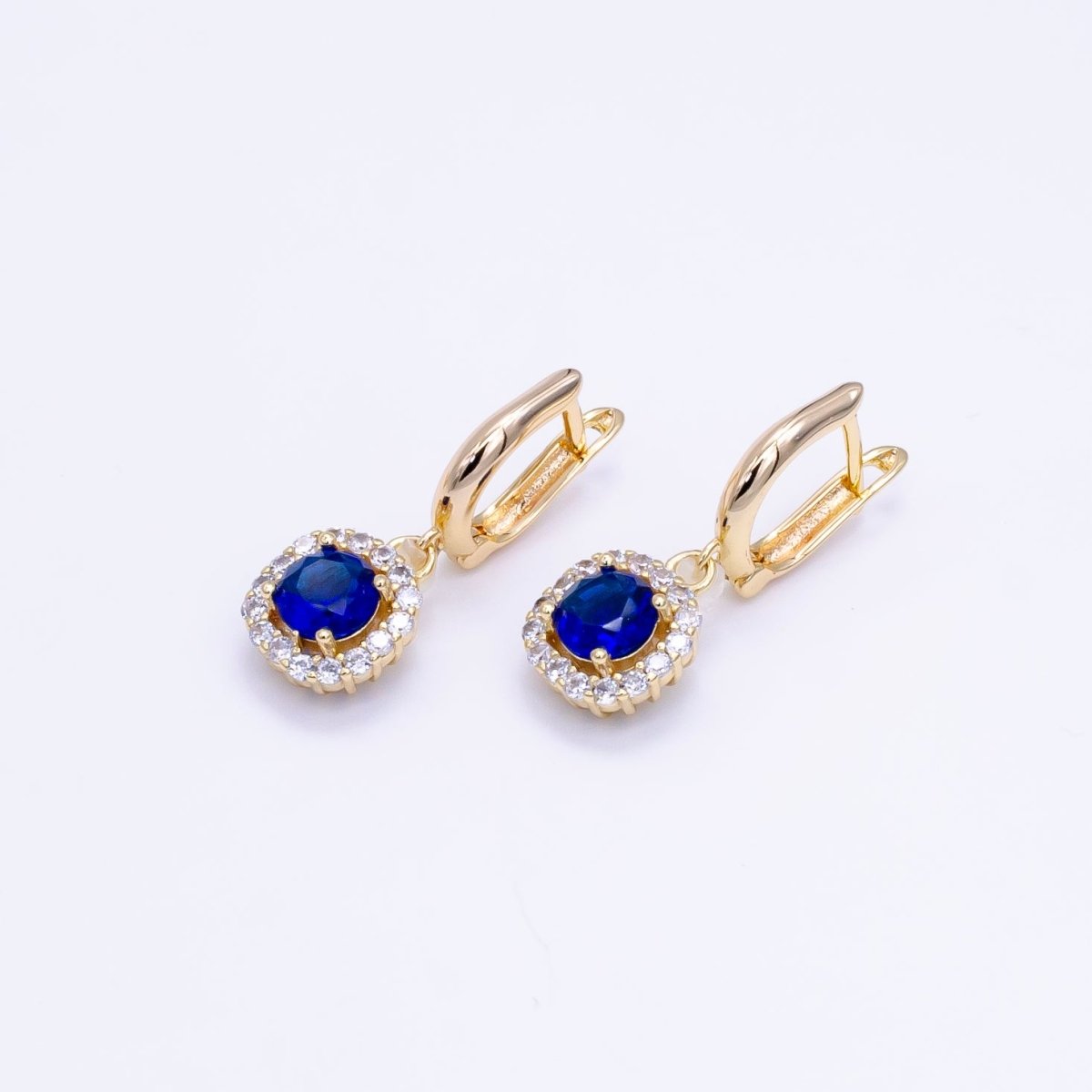 16K Gold Filled Clear, Black, Red, Blue, Green CZ Micro Paved Square Drop English Lock Earrings | AB1156 - AB1158 - DLUXCA