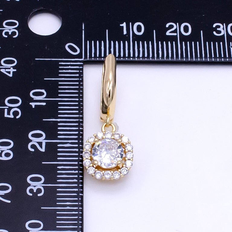 16K Gold Filled Clear, Black, Red, Blue, Green CZ Micro Paved Square Drop English Lock Earrings | AB1156 - AB1158 - DLUXCA