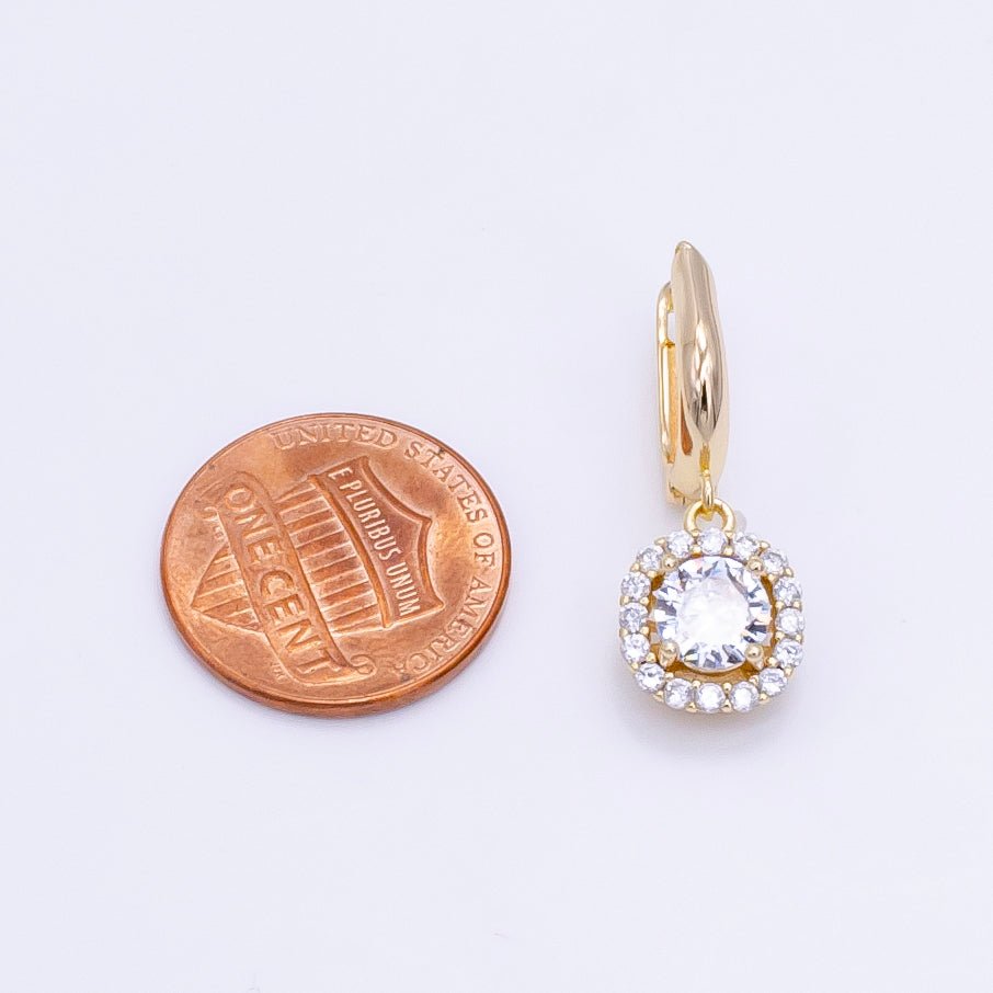 16K Gold Filled Clear, Black, Red, Blue, Green CZ Micro Paved Square Drop English Lock Earrings | AB1156 - AB1158 - DLUXCA