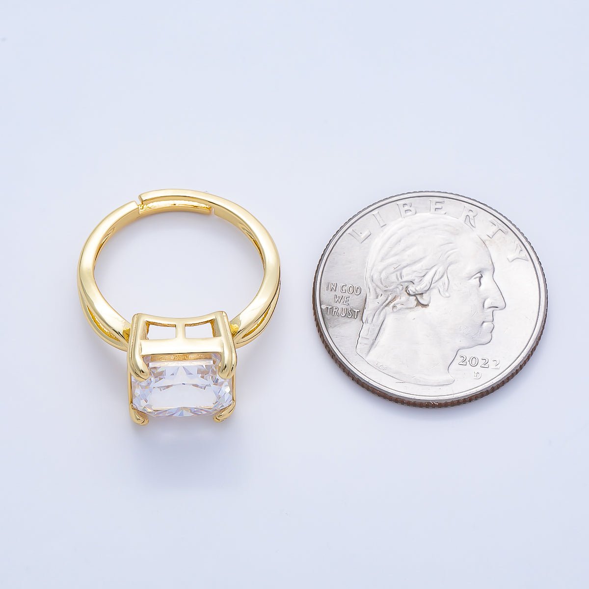 16K Gold Filled Clear CZ Baguette Square Prong Solitaire Ring | Rings-00278 - DLUXCA