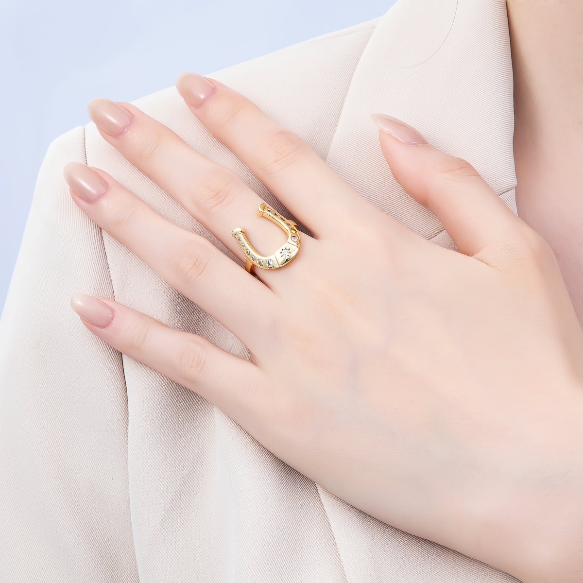 16K Gold Filled Clear CZ Dotted Celestial Sun Horse Shoe Adjustable Ring | Rings - 00073 - DLUXCA