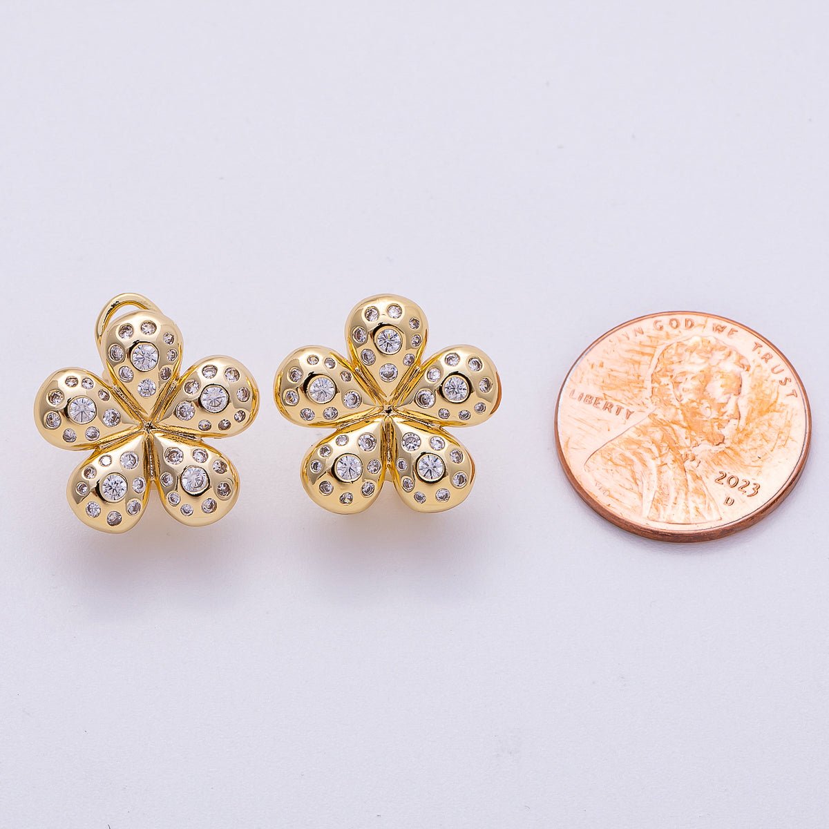 16K Gold Filled Clear CZ Dotted Chubby Flower Stud Earring | Earrings - 00293 - DLUXCA