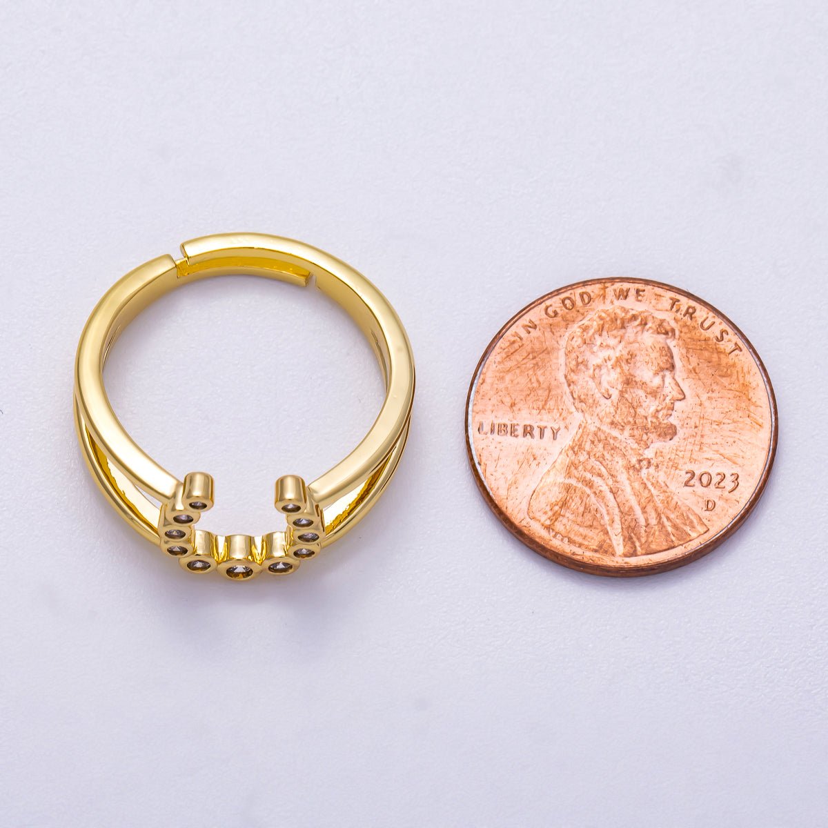 16K Gold Filled Clear CZ Dotted CZ Horse Shoe Double Band Ring | Rings - 00074 - DLUXCA