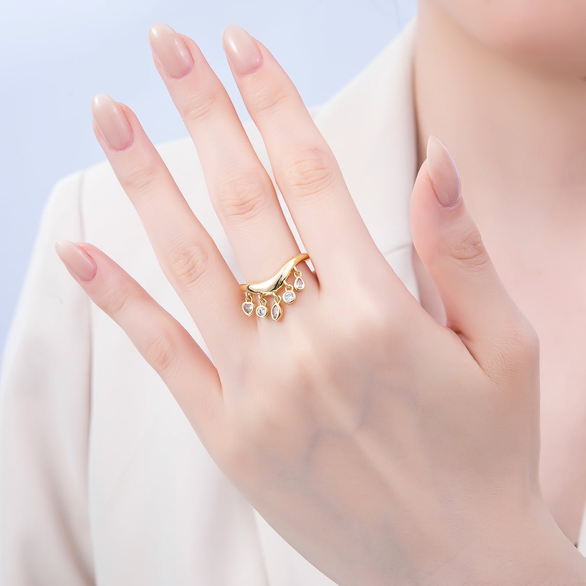 16K Gold Filled Clear CZ Drop Geometric Curved Ring | Rings - 00075 - DLUXCA