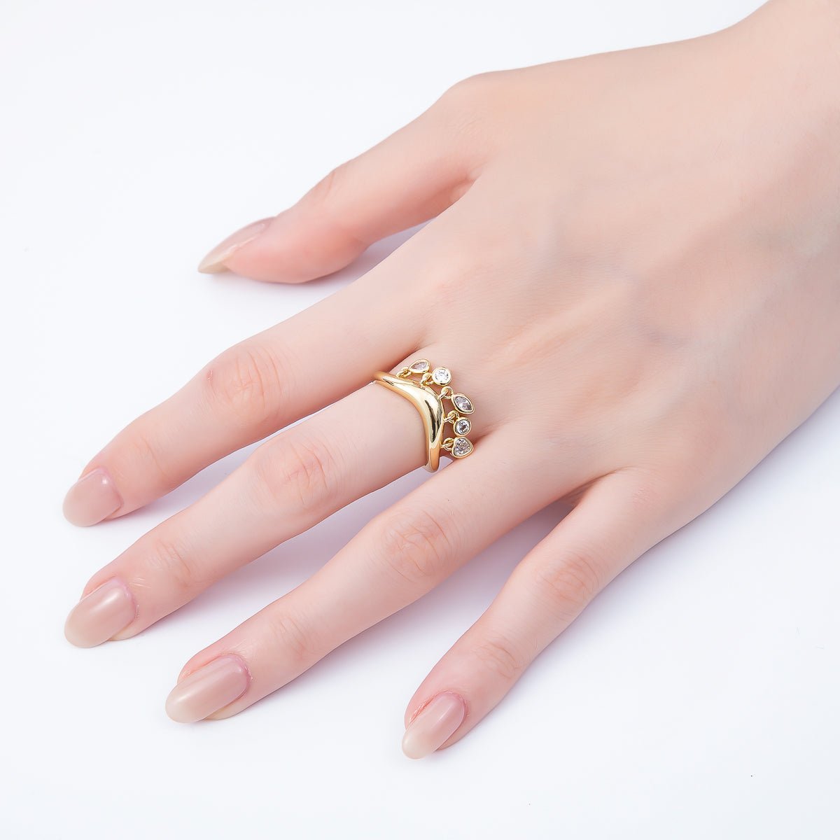 16K Gold Filled Clear CZ Drop Geometric Curved Ring | Rings - 00075 - DLUXCA