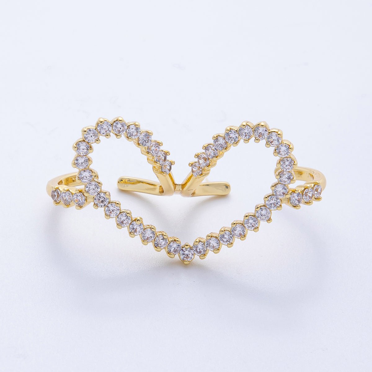 16K Gold Filled Clear CZ Heart Double Band Adjustable Ring | Rings - 00058 - DLUXCA