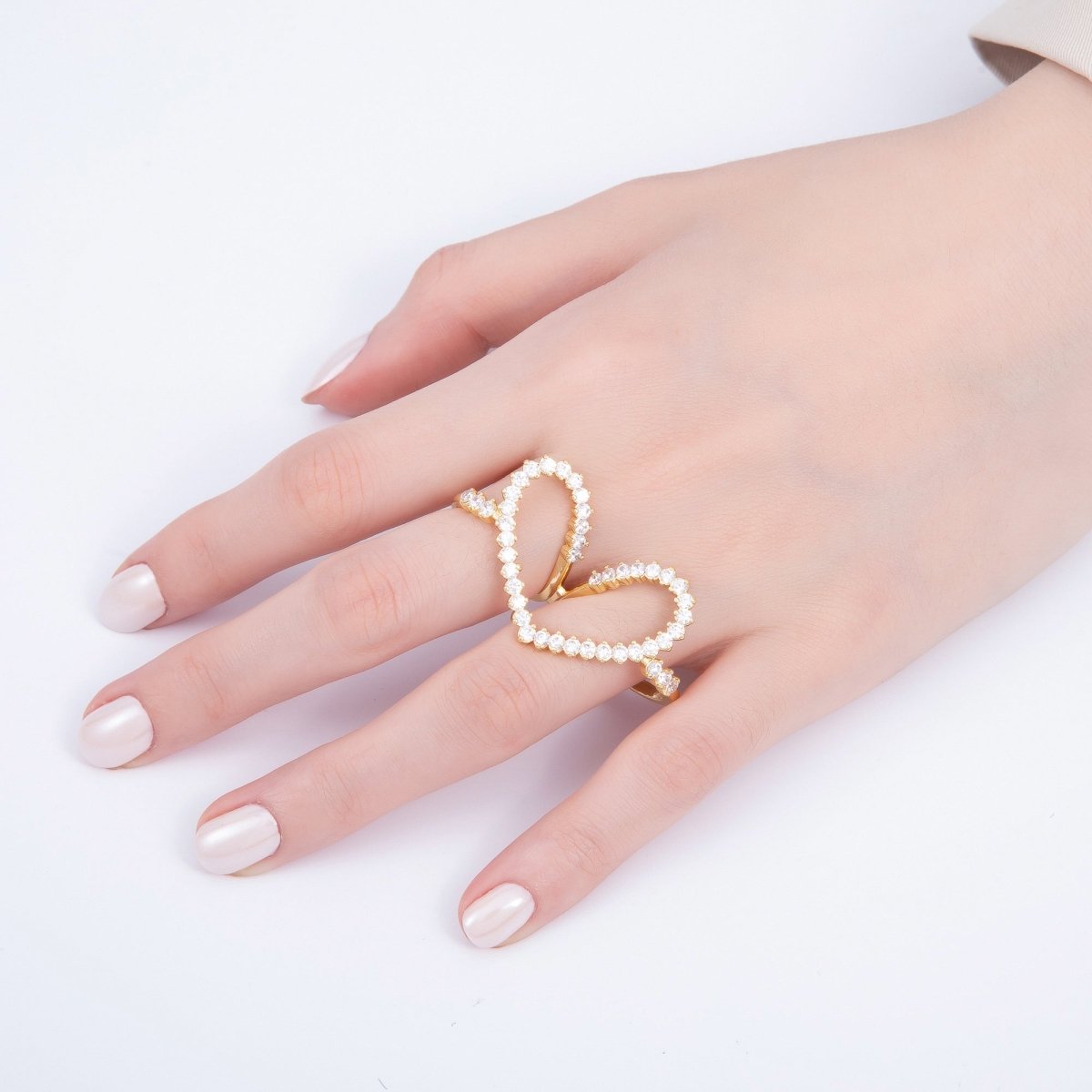 16K Gold Filled Clear CZ Heart Double Band Adjustable Ring | Rings - 00058 - DLUXCA