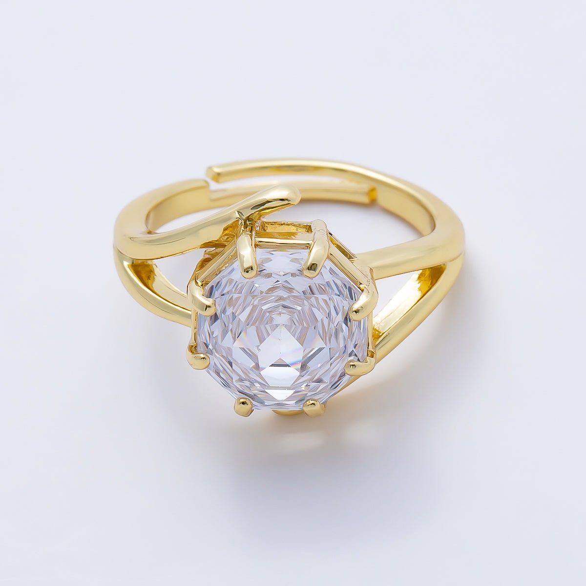 16K Gold Filled Clear CZ Hexagon Prong Solitaire Double Band Ring | Rings-00274 - DLUXCA