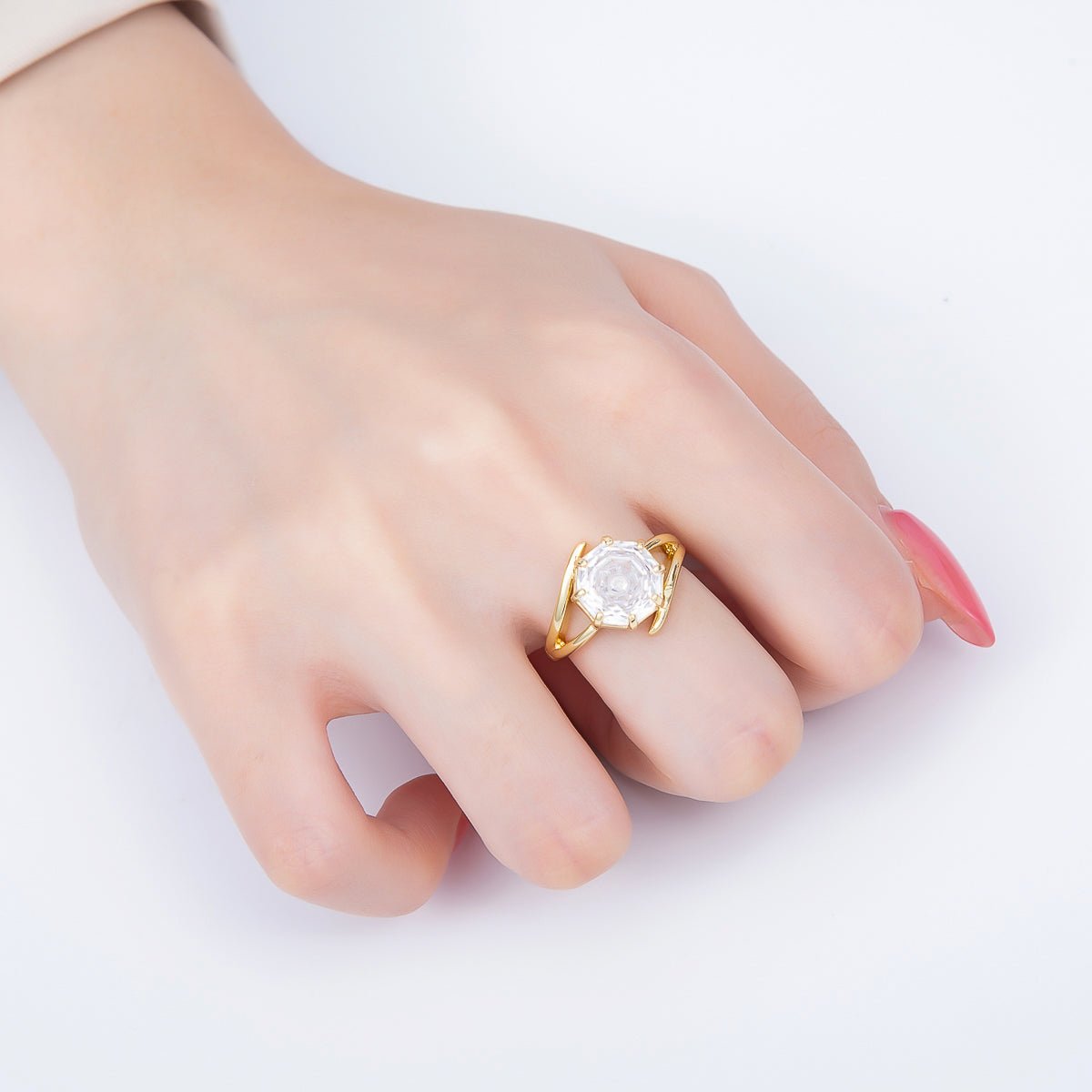 16K Gold Filled Clear CZ Hexagon Prong Solitaire Double Band Ring | Rings-00274 - DLUXCA