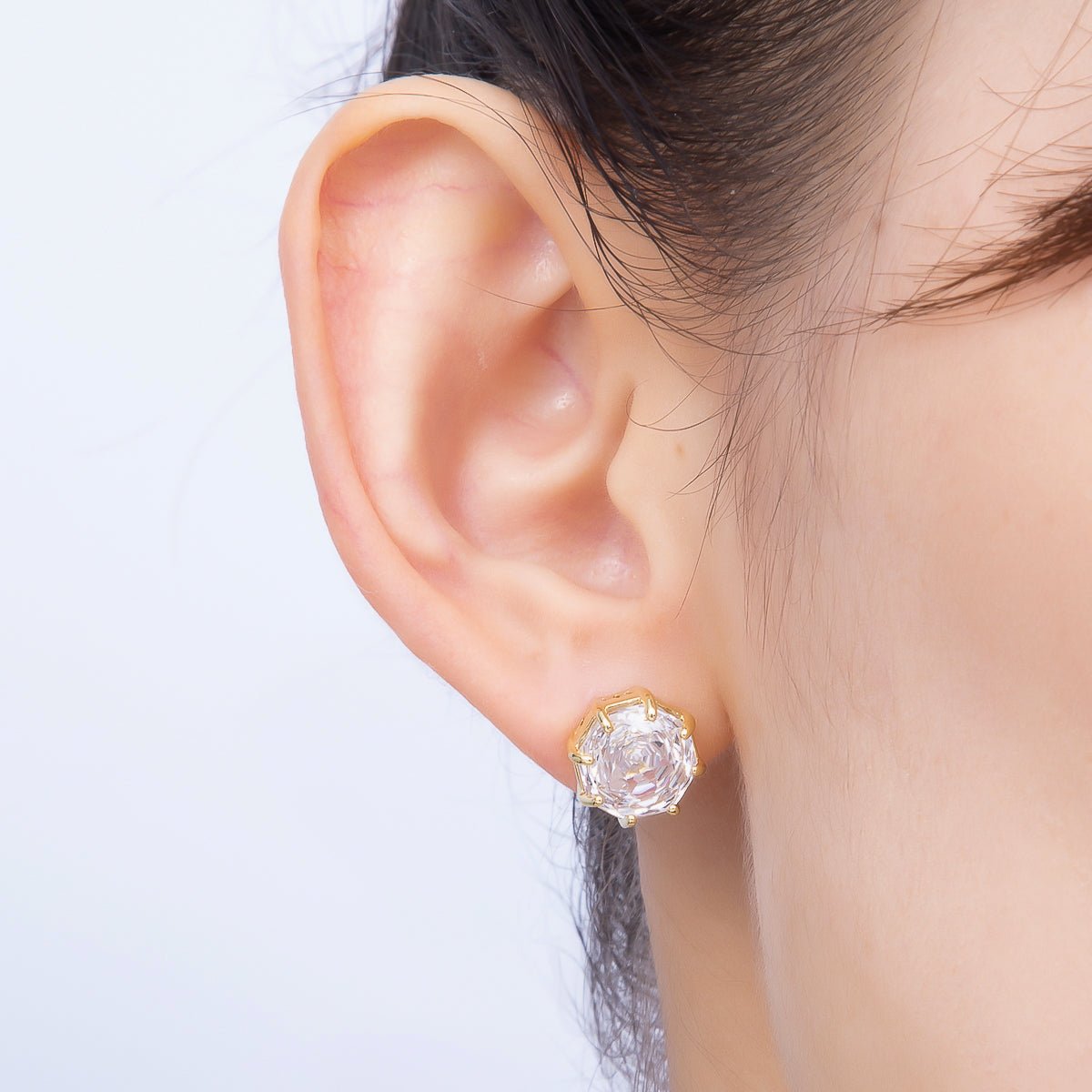 16K Gold Filled Clear CZ Hexagon Prong Stud | Earrings-00679 - DLUXCA