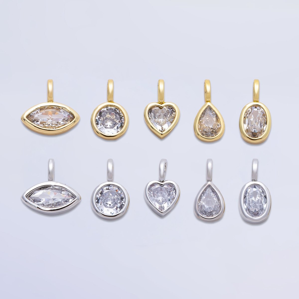 16K Gold Filled Clear CZ Marquise, Heart, Round, Oval, Teardrop Bezel Solitaire Pendant in Gold & Silver | Charms - 00834 ~ Charms - 00843 - DLUXCA