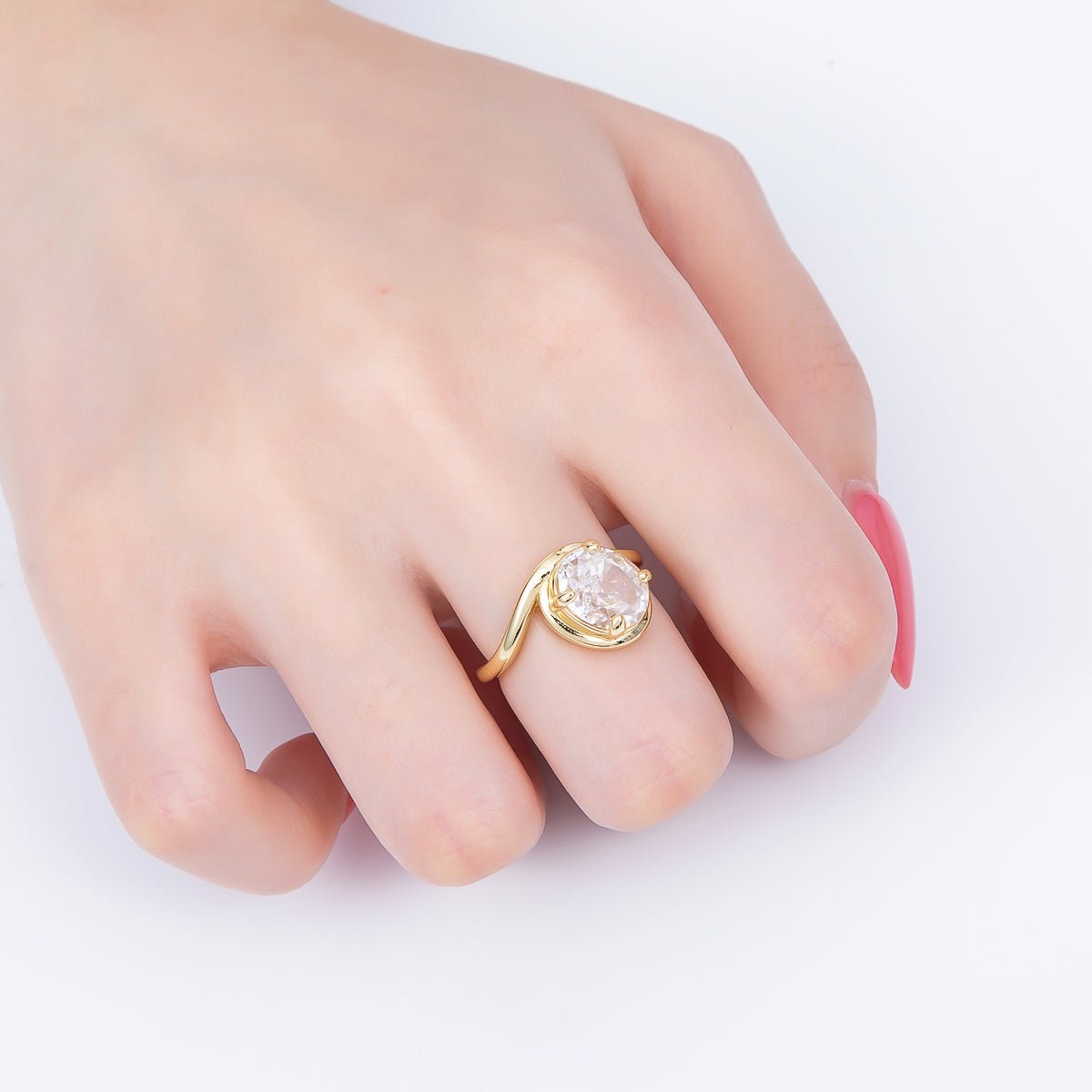 16K Gold Filled Clear CZ Oval Prong Bezel Curved Ring | Rings-00280 - DLUXCA
