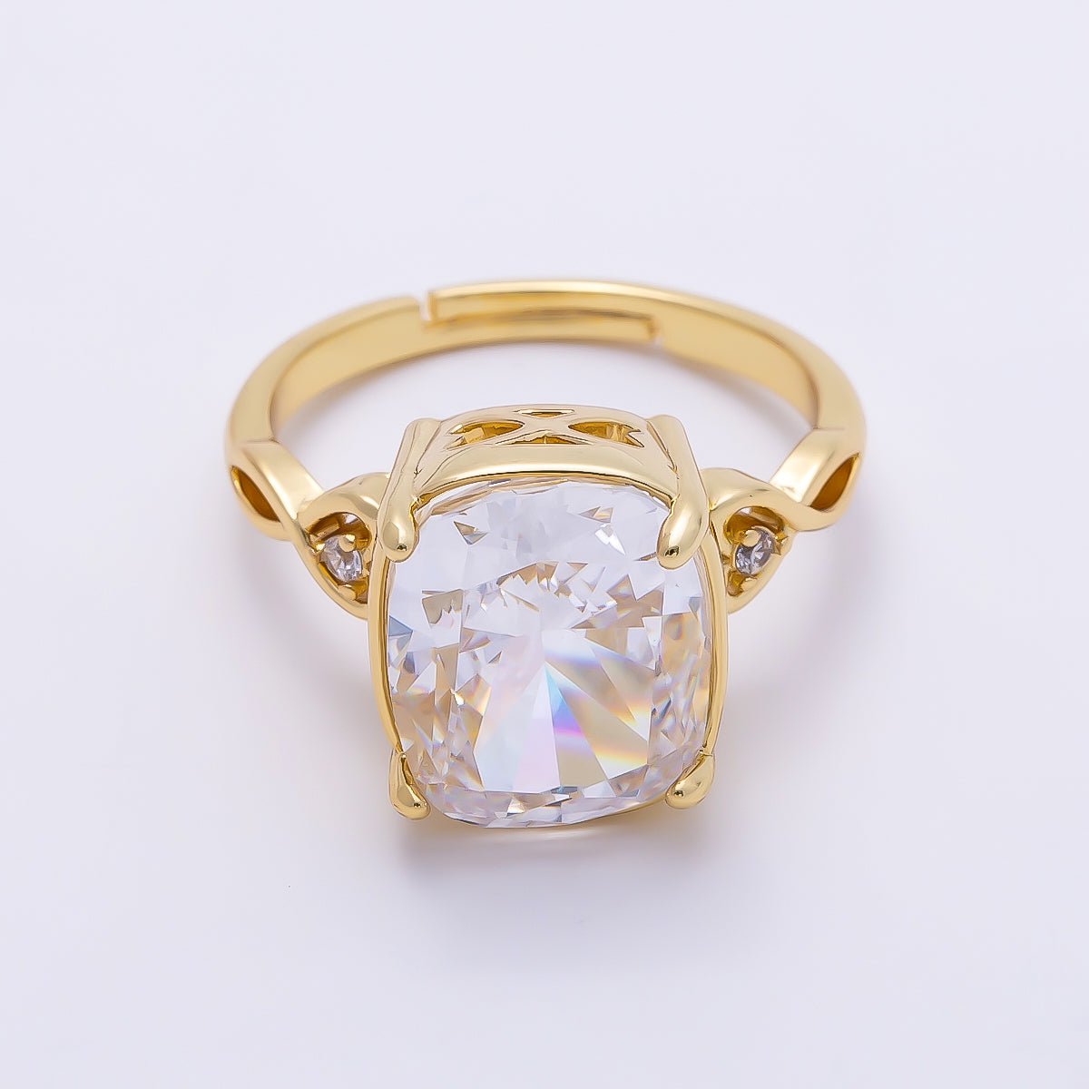 16K Gold Filled Clear CZ Rounded Oval Baguette Prong Solitaire Ring | Rings-00284 - DLUXCA